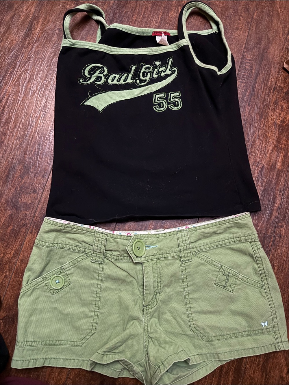 Y2K Aeropostale Green Jean Shorts with Bad Girl Tank Outfit 2000s